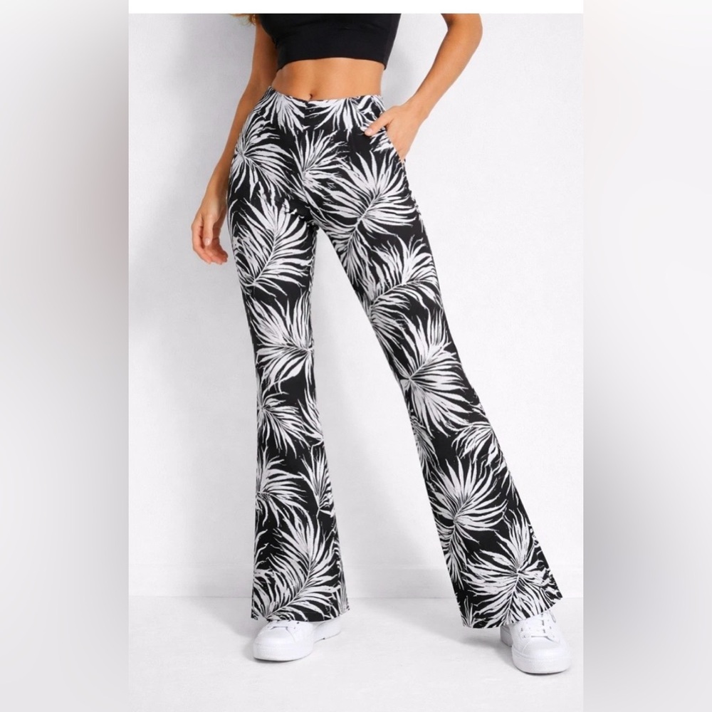 Zara Monochrome Palm Print Flare Pants